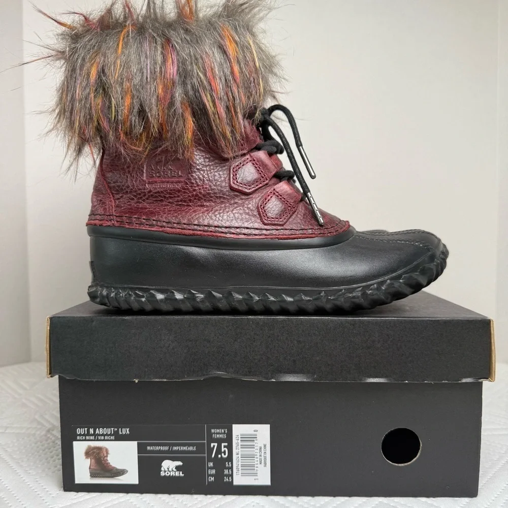 Sorel Out N About Lux Faux Fur Waterproof Boots Size 7.5 In Rich Wine